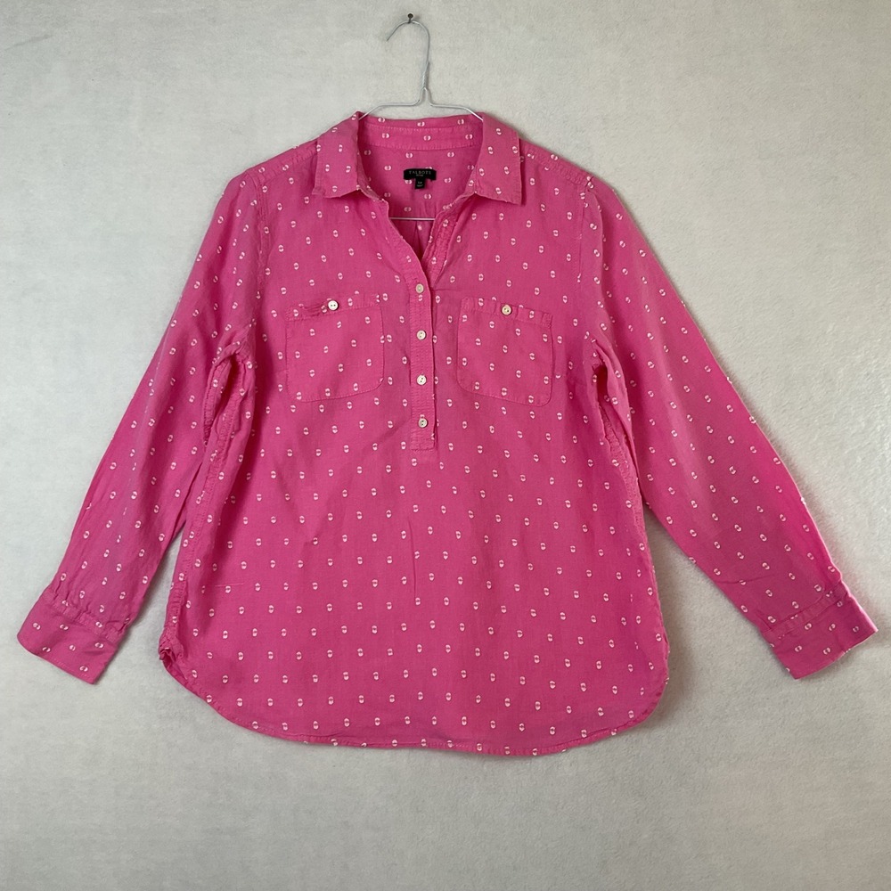 Talbots Petite Pink Linen Blend Embroidered Dot Popover Blouse LP